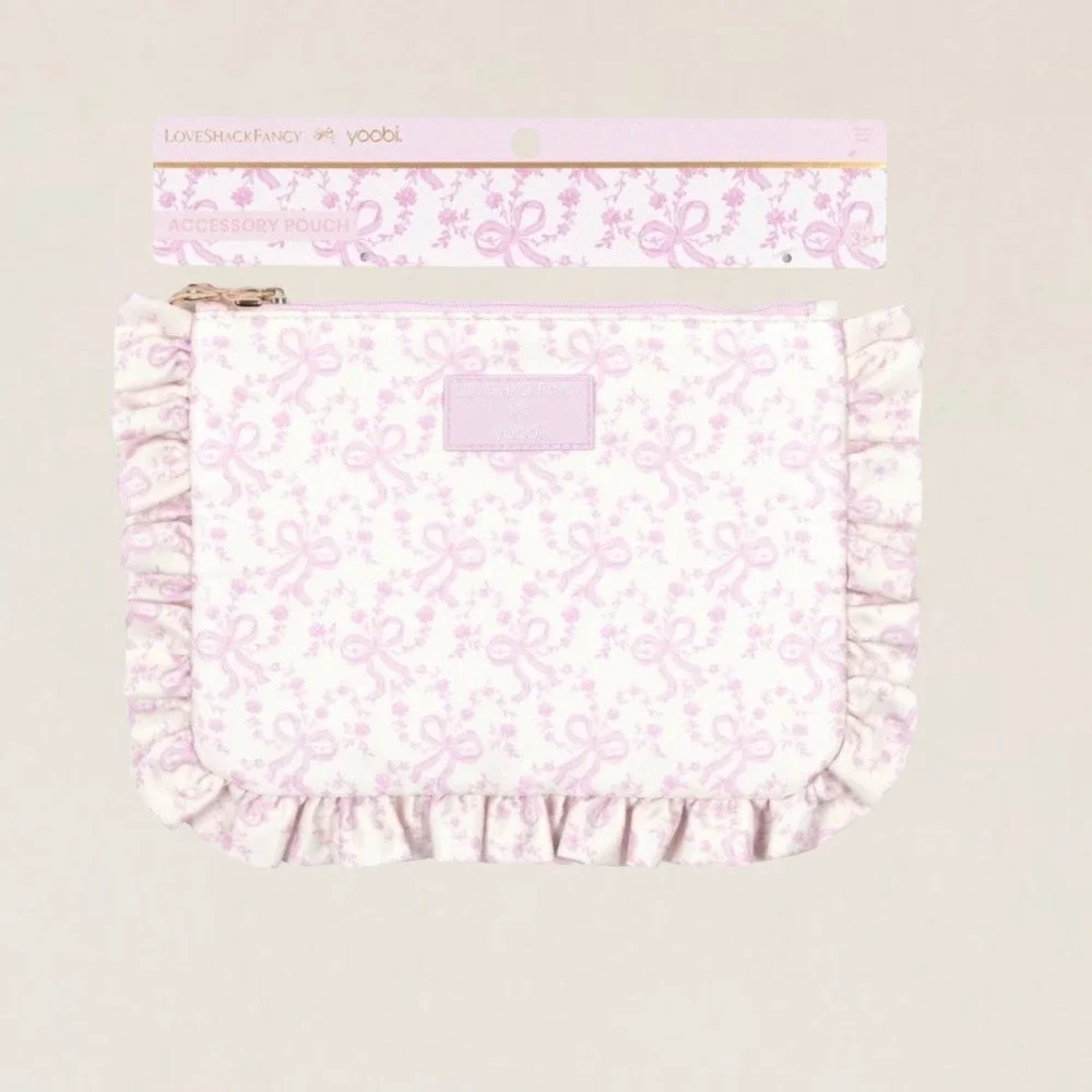 LoveShackFancy x Yoobi Pink Coquette Bow Ruffle Accessory Pouch Makeup Bag NEW